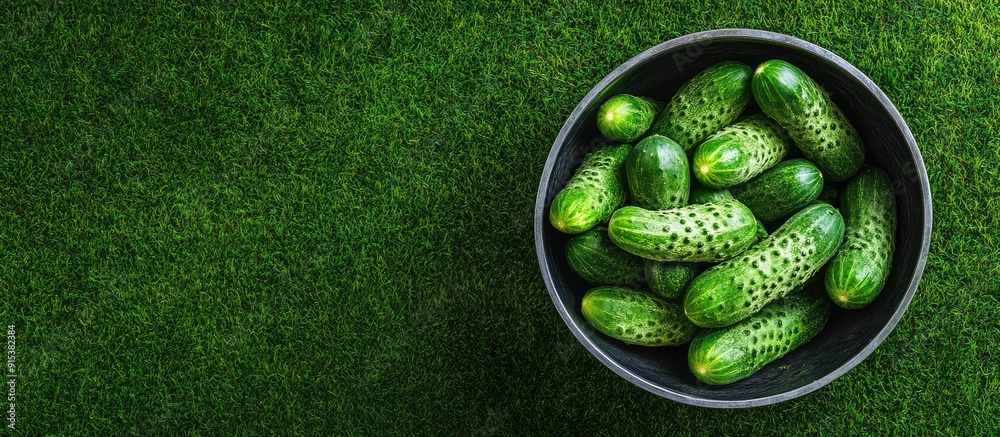 Leinwandbilder freshly picked cucumbers in a metal bowl on a green grass background viewed from above with copyspac
