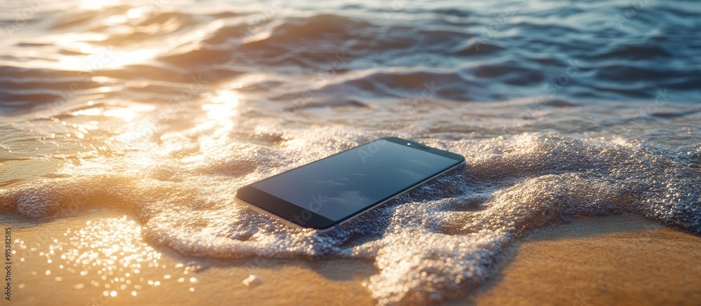 Poster smartphone on the shore. with copy space image. Place for adding text or design