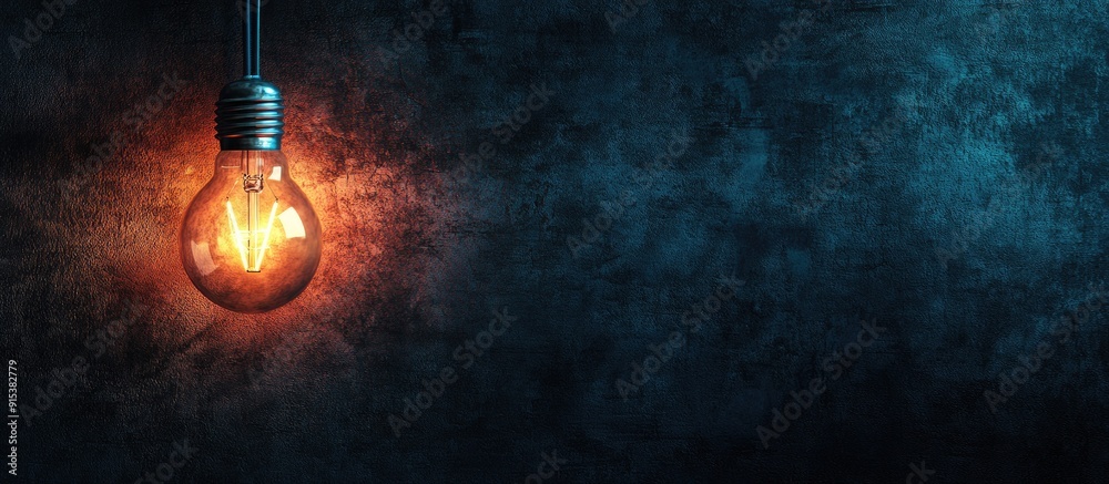 Poster light bulb illuminating a dark wall background with copyspace