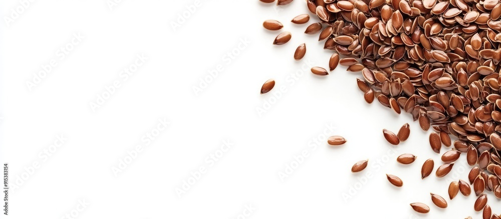 Poster Flax seeds on sipano at the edge of the frame against a white background with copyspace