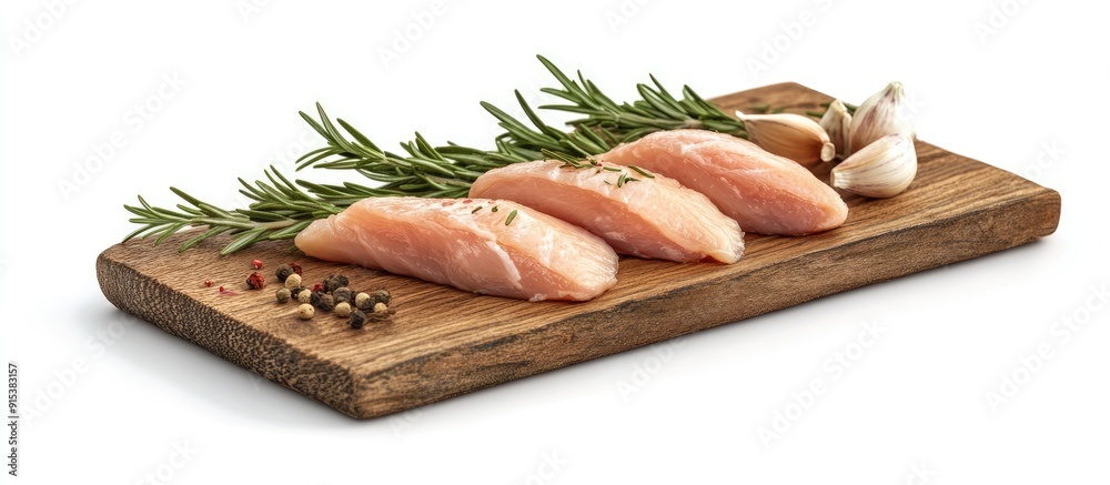 Aufkleber Raw chicken breast fillet on a wooden board accompanied by rosemary and garlic poultry meat Isolated on a white background. with copy space image. Place for adding text or design