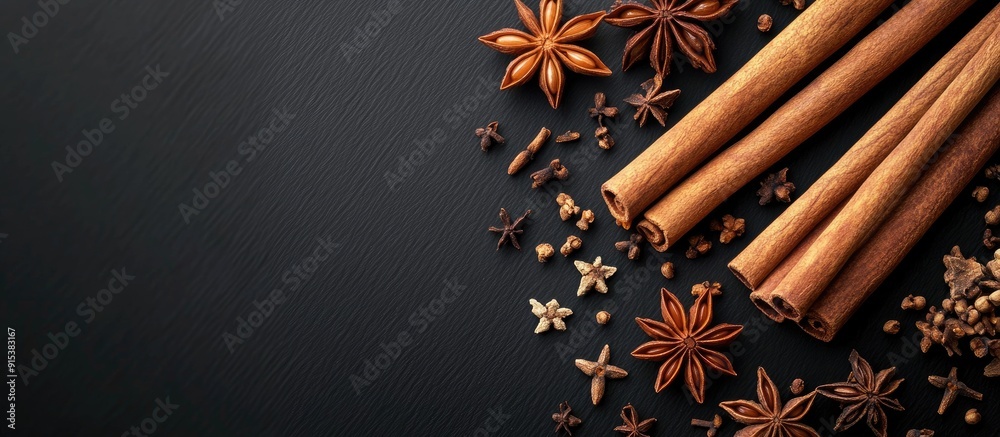 Poster christmas spices such as cinnamon sticks anise stars and cloves. with copy space image. place for ad