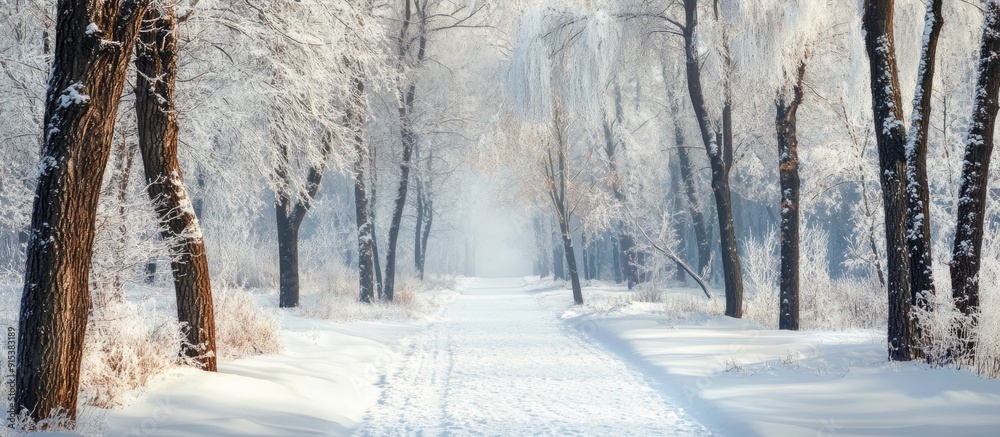 Poster Winter forest with snow covering the trees and pathway copy space for text