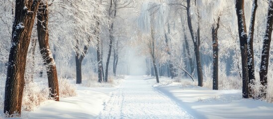 Fototapeta premium Winter forest with snow covering the trees and pathway copy space for text
