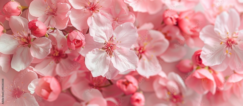 Poster Pink Spring Blooms on a White Background. with copy space image. Place for adding text or design