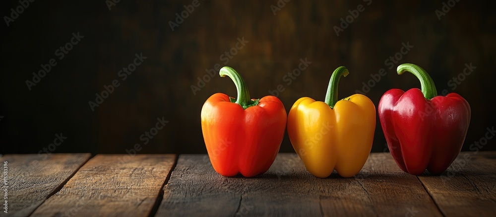 Fototapete three vibrant bell peppers are placed on the wooden table the photo features dark tones of yellow re