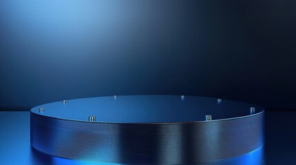 Sleek Blue Metallic Podium with Cool Lighting showcasing cutting-edge technology or high-end products in a stylish and sophisticated manner.