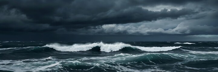 Obraz premium Dramatic seascape photograph featuring a turbulent ocean under a stormy sky. The layout is horizontal, capturing the vast expanse of the sea and sky