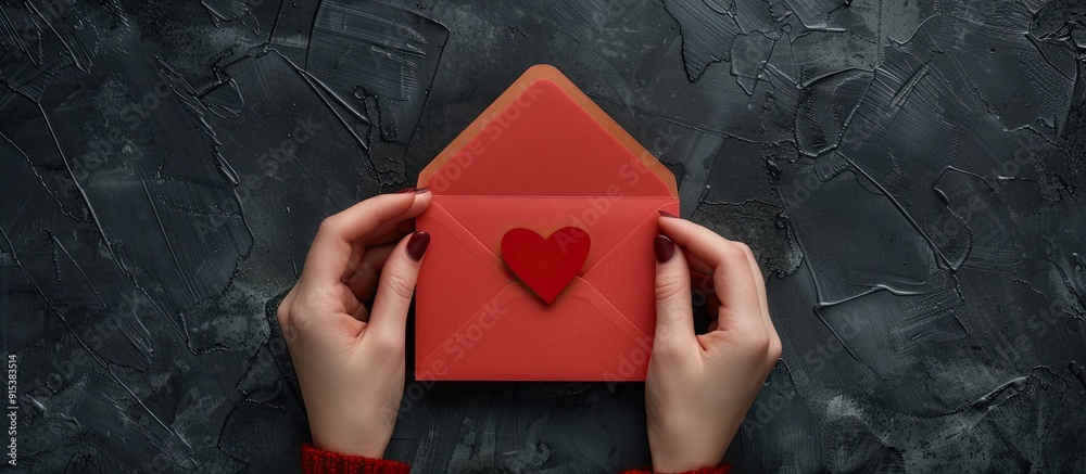 Poster Female hands take out and send or receive a red heart shaped card from an envelope against a black background top view copy space
