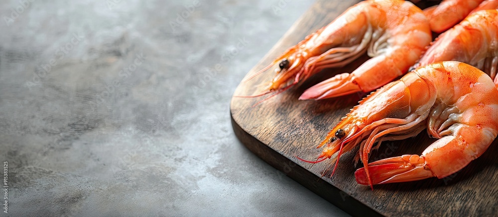 Poster Fresh prawns cleaned on a cutting board Raw shrimp are nutritious seafood. with copy space image. Place for adding text or design