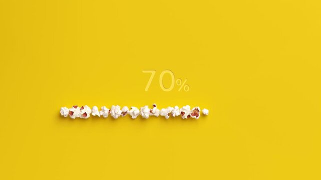 Loading bar 0-100 % animation of popcorn on yellow background. Popcorn progress bar for data upload, status info, transfer progress, installing application, loading percentage, downloading.