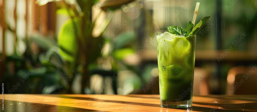 Fototapete side view of a green matcha drink in a glass on the restaurant table. with copy space image. place f