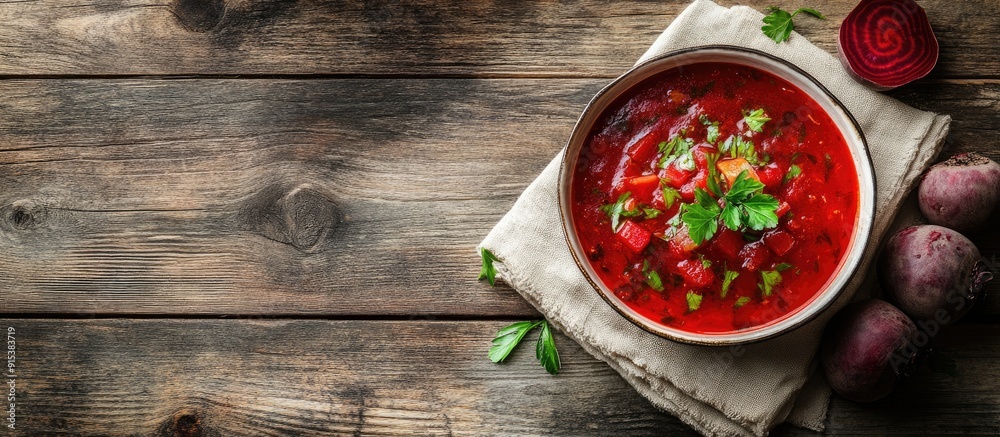 Leinwandbilder ukrainian beetroot soup borscht placed on a napkin on a wooden surface. with copy space image. place