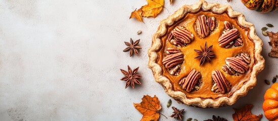 Fototapeta premium Savory pumpkin pie featuring pecan nuts pumpkin seeds anise stars and decorative elements on a light concrete background Top view Copy space