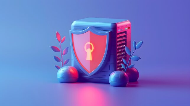 3D render of a secure server with a shield and padlock symbol, emphasizing data protection and cybersecurity, in blue and pink tones.