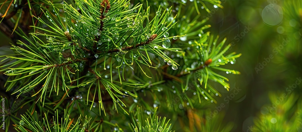 Aufkleber Raindrops on Scots pine needles with a selective focus and shallow depth of field. with copy space image. Place for adding text or design