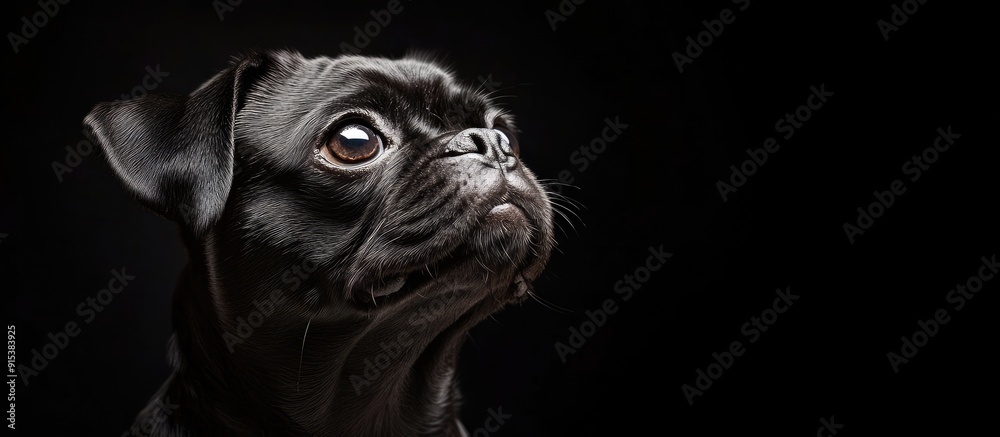 Poster Charming black pug set against a black background Studio pet portrait. with copy space image. Place for adding text or design