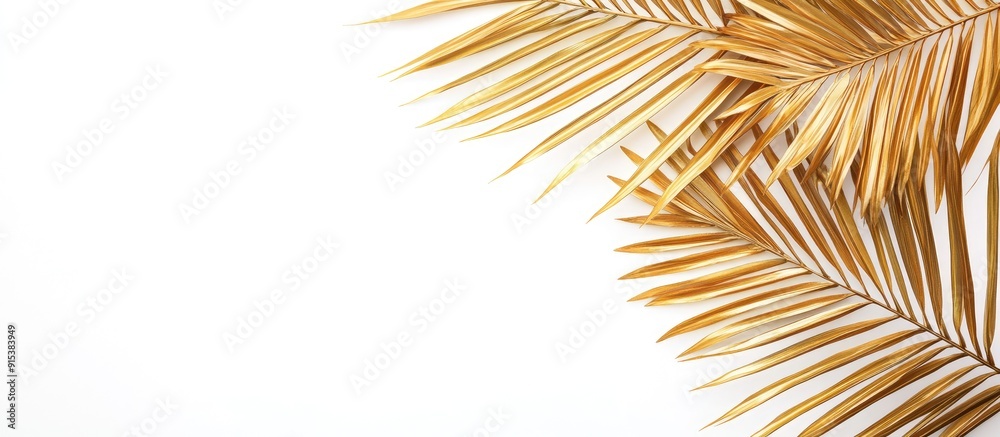 Poster Tropical golden leaf palm tree against a white background Top view flat lay. with copy space image. Place for adding text or design