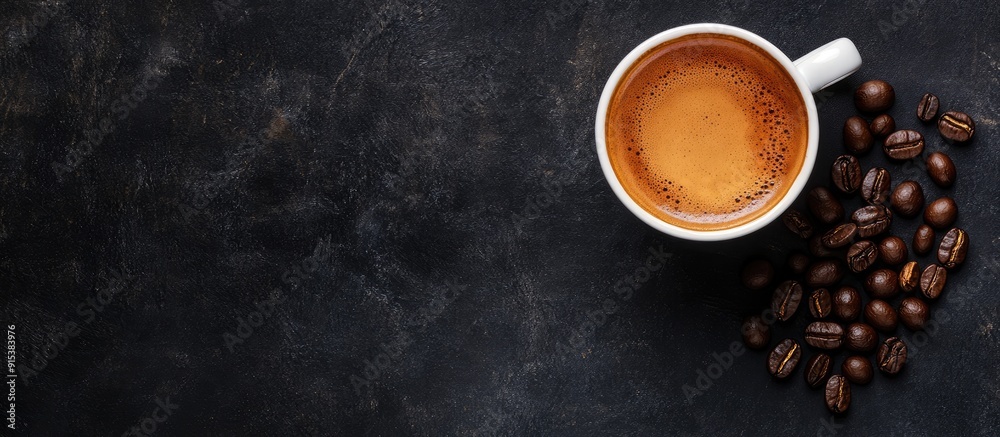 Leinwandbilder coffee in a white cup with coffee beans on a black stone background viewed from above. with copy spa