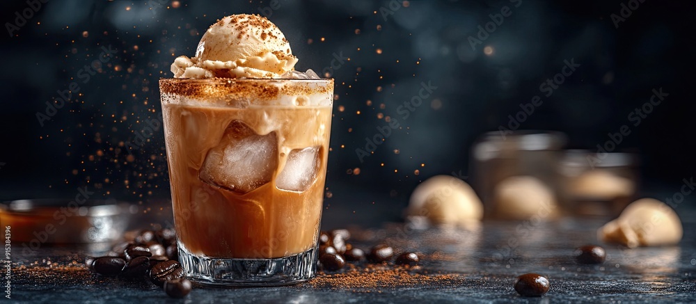 Aufkleber cold coffee with ice cream on a dark background a refreshing invigorating cocktail served on the roc