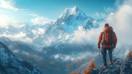 Outdoor adventure scene with hikers climbing a rugged mountain, exhilarating experience