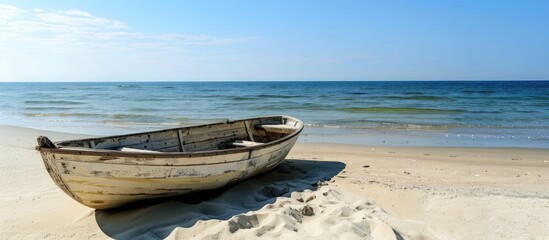 Empty boat on a sandy beach on a sunny day A large aged white boat on the sandy shore is prepared to sail on a bright day at the beach. with copy space image. Place for adding text or design