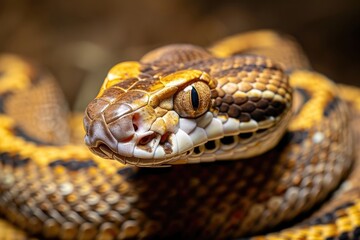Close up of wild snake head python with scales in nature on yellow background.