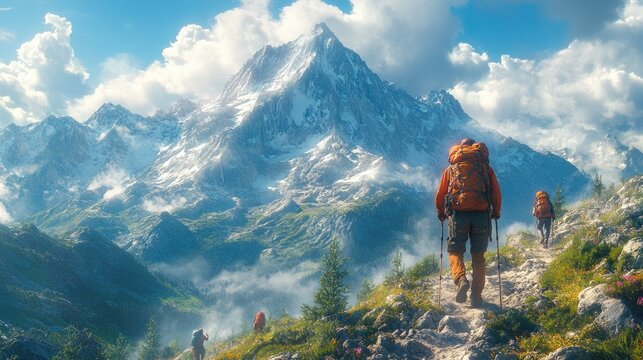 Outdoor adventure scene with hikers climbing a rugged mountain, exhilarating experience