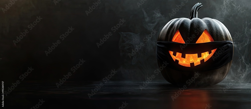 Poster pumpkin lantern wearing a black medical mask. with copy space image. place for adding text or design