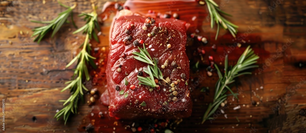 Aufkleber raw beef on the bone steak seasoned with spices barbecue marinade red sauce traditional cuisine unco