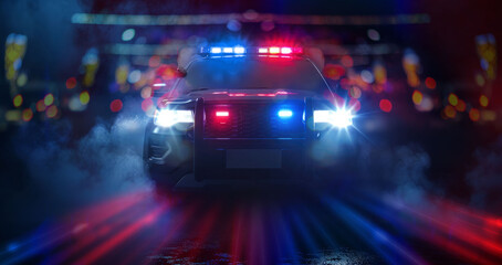 Police car speed at night. Police car chasing a car at night with fog background. Emergency situation. Photo Illustration