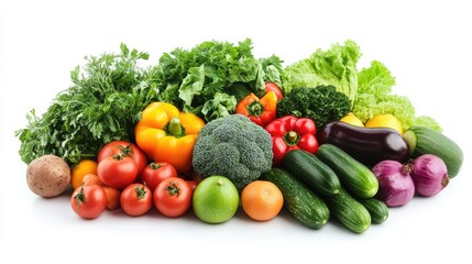 Fresh produce including fruits and vegetables isolated on a white background, perfect for health and nutrition themes.