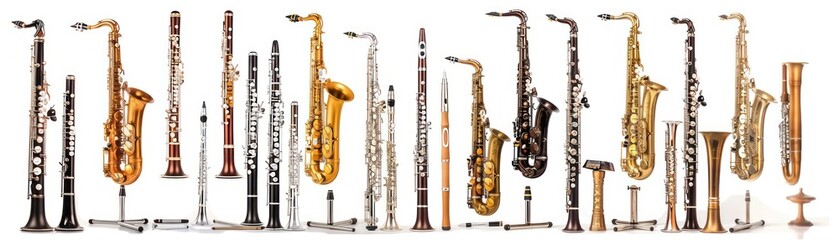 Collection of Saxophones and Clarinets on White Background.