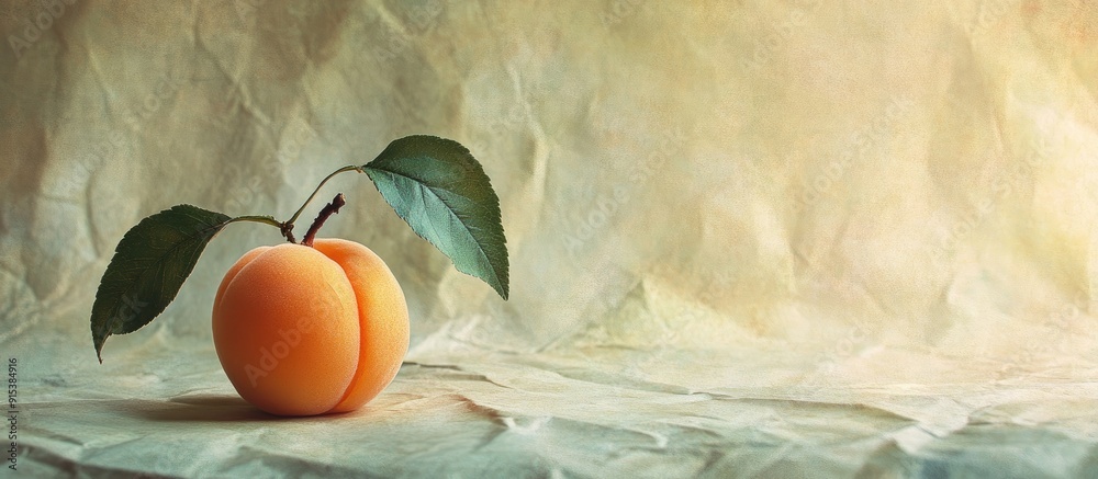 Poster textured vintage paper backdrop featuring a small apricot. with copy space image. Place for adding text or design