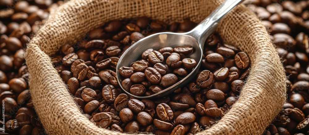 Fototapete Close up image of coffee beans with a scoop in a burlap bag. with copy space image. Place for adding text or design