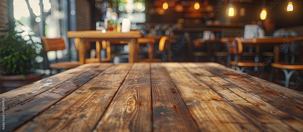 Poster selected focus on an empty brown wooden table with a blurred background of a coffee shop or restaura