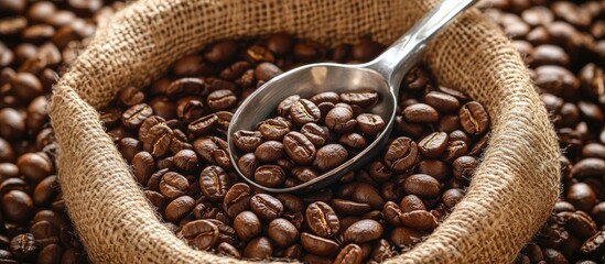 Close up image of coffee beans with a scoop in a burlap bag. with copy space image. Place for adding text or design