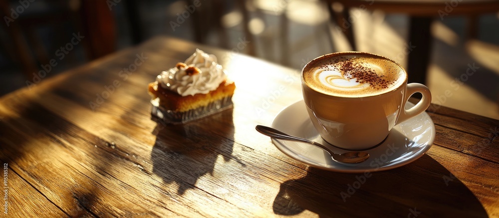 Poster a cup of hot latte coffee along with a spoon and a dessert is placed on the wooden table selective f