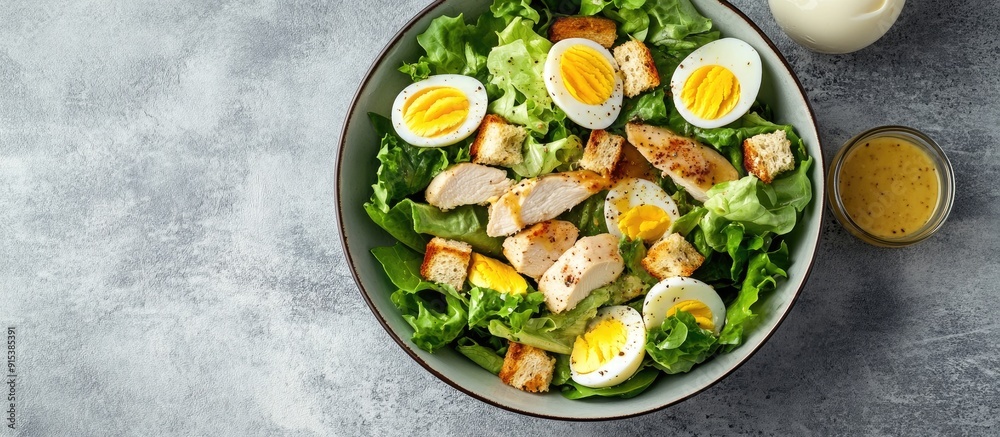 Poster fresh caesar salad featuring lettuce chicken breast boiled eggs and croutons in a ceramic bowl with 