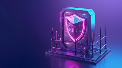 A futuristic security shield hologram with neon lights and technology background, representing cybersecurity and data protection.