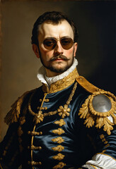 Renaissance-style painting portrait of a count in royal attire wearing sunglasses, Generative AI