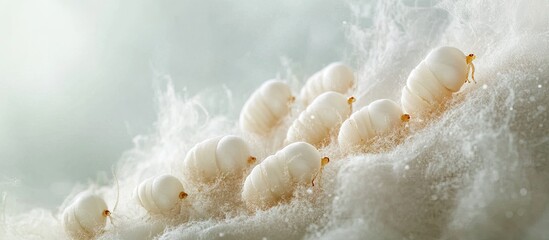 Silkworm Bombyx mori engaged in producing silk while forming cocoons Cocoons of silkworm for silk production. with copy space image. Place for adding text or design