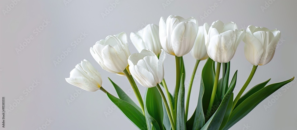 Poster a bunch of tulips on a white background. with copy space image. Place for adding text or design