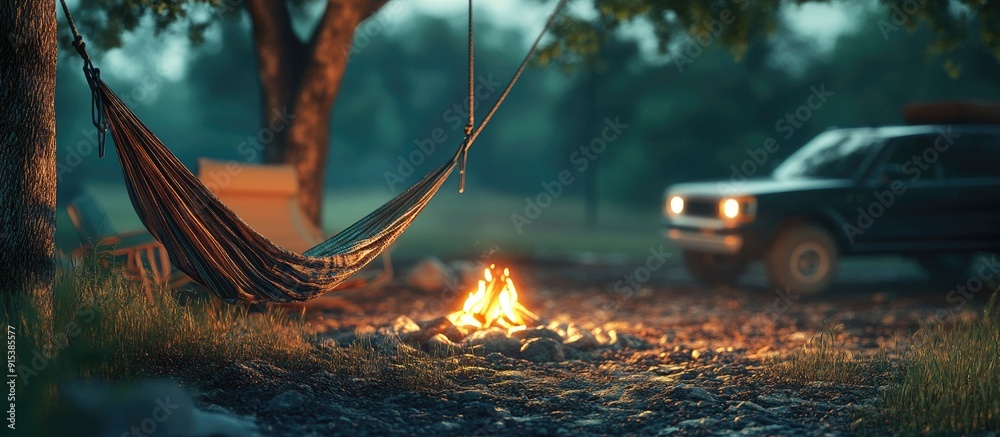 Aufkleber Perspective of a camping site featuring a hammock and a campfire in the background SUV off road lifestyle. with copy space image. Place for adding text or design