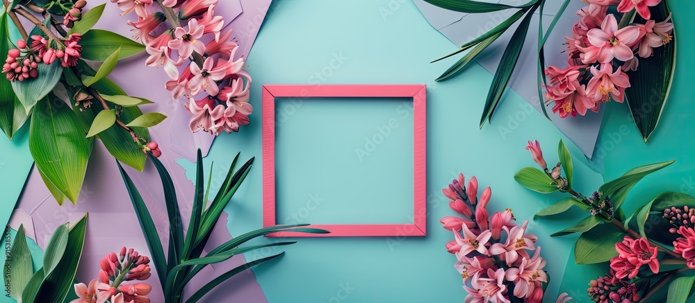 Poster arrangement featuring a paper frame plant branches and hyacinth flowers against a colored background