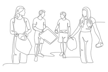 A community that cleans the environment. Community concept one-line drawing