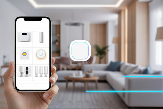 Hand of woman holding smartphone in blurred living room of smart home interface. Concept of automation. AI