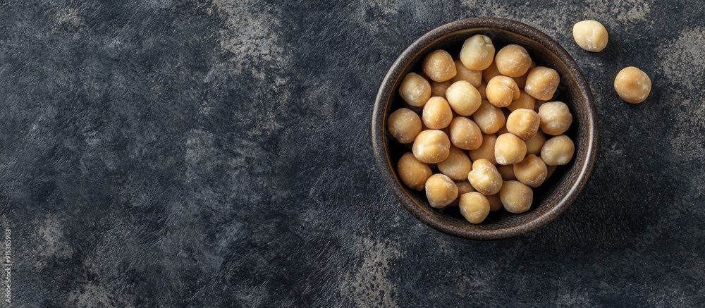 Poster bowl with macadamia nuts on dark concrete top view. with copy space image. place for adding text or 