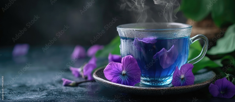 Poster butterfly pea flower tea against a dark backdrop. with copy space image. place for adding text or de