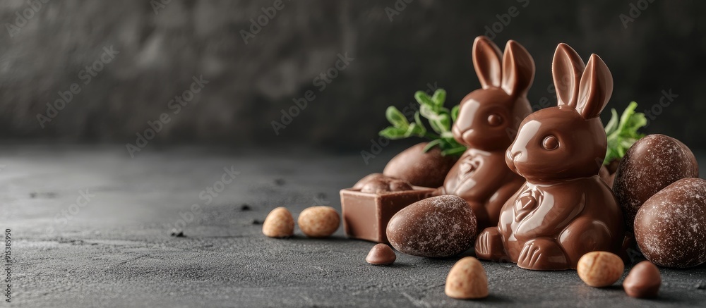 Aufkleber Chocolate Easter bunnies and sweets on a grey background. with copy space image. Place for adding text or design
